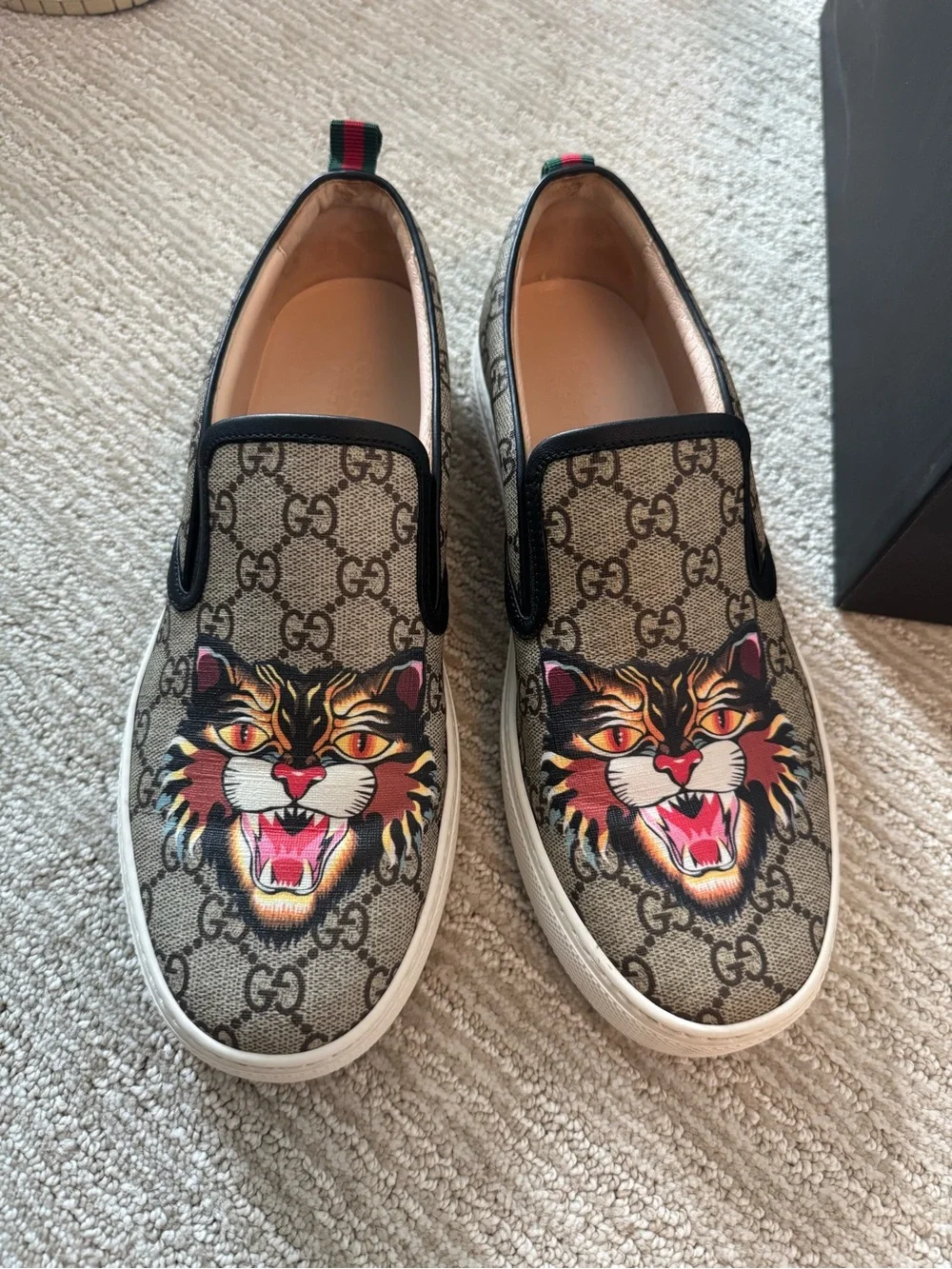 Gucci Brown GG Supreme Slip-On Sneakers with Multicolor Tiger Motif